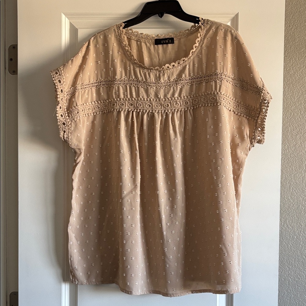 Elegant Beige Lace Trim Blouse